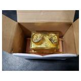 3 ARCHES USA Gold Plated The Ark of The Covenant Figurine Model (7 x 4 x 5) with Contents - Manna, Ten Commandments - Detailed Replica Tabletop Decor. BENT BOTTOM.