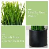 MyGift Tabletop Artificial Grass Plants Decorative Faux Greenery Plant Potted in Modern Cylindrical Black Cement Pots, Set of 2