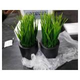 MyGift Tabletop Artificial Grass Plants Decorative Faux Greenery Plant Potted in Modern Cylindrical Black Cement Pots, Set of 2