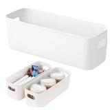 BLLREMIPSUR 3 Pack White Storage Bin, 10 Long Bathroom Organizing Bins, Plastic Organizer Bins with Handles for Vanity, Pantry, Shelves