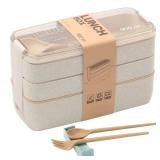 Rarapop Beige Stackable Bento Lunch Box Kit, 3-In-1 Compartment Wheat Straw Lunch Containers with Tableware, Reusable On-the-Go Meal and Snack Containers
