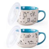 AmorArc 32 Ounces Ceramic Soup Mugs with Lids and Handle, Stoneware Bowls Cup Set of 2 for Soup, Stew, Noodle, Beautiful Mug Bowls With Lovely Dog,Cat Patterns, Microwave&Dishwasher Safe, Blue