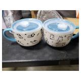 AmorArc 32 Ounces Ceramic Soup Mugs with Lids and Handle, Stoneware Bowls Cup Set of 2 for Soup, Stew, Noodle, Beautiful Mug Bowls With Lovely Dog,Cat Patterns, Microwave&Dishwasher Safe, Blue