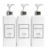 Shampoo and Conditioner Dispenser - Modern Design Large 27oz Shower Soap Dispenser Set of 3, Refillable Empty Plastic Pump Bottles for Bathroom, 6 Waterproof Labels Included, White & Silver