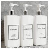 Shampoo and Conditioner Dispenser - Modern Design Large 27oz Shower Soap Dispenser Set of 3, Refillable Empty Plastic Pump Bottles for Bathroom, 6 Waterproof Labels Included, White & Silver