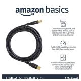 Amazon Basics USB-A to USB-B 2.0 Cable for Printer or External Hard Drive, Gold-Plated Connectors, Black, 10 Foot