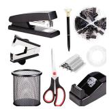 Black Desk Accessories, Office Supplies Set with Stapler, Tape Dispenser, Staple Remover, Pen Holder, Scissor, Binder/Paper Clips, Ballpoint Pen, Clear Tape and 1000pcs Staples