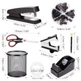 Black Desk Accessories, Office Supplies Set with Stapler, Tape Dispenser, Staple Remover, Pen Holder, Scissor, Binder/Paper Clips, Ballpoint Pen, Clear Tape and 1000pcs Staples