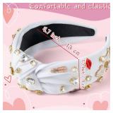 PANTIDE Music Jeweled Knotted Headband - Singer Fans Gift Guitar Red Lip Rhinestone Crystal Embellished Headband Wide Top Knot Fashion Hairband Birthday Back To School Gift for Women Girls (White)