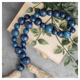 Handcrafted Farmhouse Wooden Decorative Beads Garland, Table Tray Boho Wood Beads with Tassel, Small Rustic Antique Decor for Home and Events ( Rustic Blue)