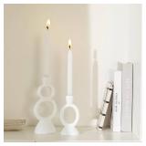 White Taper Candle Holders for Candlesticks, Unique Decorative Candlesticks Holder Home Decor Set of 2 for Fall Thanksgiving Wedding Table Centerpiece Decorations, Modern Aesthetic Room Decor Resin