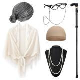 Santoy Old Grandma Wig Costume Set for Women and Girls - Perfect for 100 Days of School, Halloween Cosplay, Includes Lady Granny Gray Wig, Cane and Other Accessories for Adults and Kids