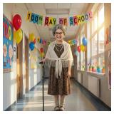 Santoy Old Grandma Wig Costume Set for Women and Girls - Perfect for 100 Days of School, Halloween Cosplay, Includes Lady Granny Gray Wig, Cane and Other Accessories for Adults and Kids