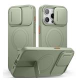 SURITCH for iPhone 15 Pro Max Case with Magnetic Camera Slide Cover and Adjustable Kickstand, Compatible with MagSafe, Shockproof Bumper Case Slim Protective Cover 6.7 Inch, Green