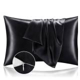 BEDELITE Satin Pillowcase with Zipper 2 Pack, Black Pillow Cases Standard Size, Super Soft and Cooling Similar to Silk Pillow Cases, Gift for Women Men(20x26 Inches)