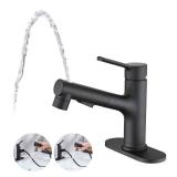 Besfelos Bathroom Sink Faucet with Pull Out Sprayer, Single Handle Modern Bathroom Basin Faucet with Pop-up Sink Drain Stopper & Deck Plate 1 or 4-inch Centerset 3 Hole, Matte Black