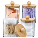4 Pack Qtip Holder Dispenser with Bamboo Lids - 10 oz Clear Plastic Apothecary Jar Containers for Vanity Makeup Organizer Storage - Bathroom Accessories Set for Cotton Swab, Ball, Pads, Floss