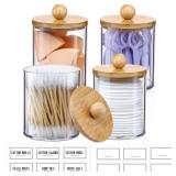 4 Pack Qtip Holder Dispenser with Bamboo Lids - 10 oz Clear Plastic Apothecary Jar Containers for Vanity Makeup Organizer Storage - Bathroom Accessories Set for Cotton Swab, Ball, Pads, Floss