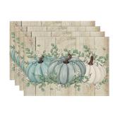 Mode Wood Pumpkins Harvest Vintage Fall Placemats Set of 4, 12x18 Inch Eucalyptus Leaves Autumn Thanksgiving Table Mat for Party Dining Decoration - Retail: $10