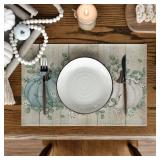 Mode Wood Pumpkins Harvest Vintage Fall Placemats Set of 4, 12x18 Inch Eucalyptus Leaves Autumn Thanksgiving Table Mat for Party Dining Decoration - Retail: $10