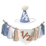 Blue Handmade 1/2 High Chair Banner with Cone Birthday Hat for Half Way To One Baby Boy 6 Months Half Birthday Decorations - Retail: $17