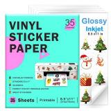 Printable Vinyl Sticker Paper for Inkjet Printer - 35 Sheets Glossy White - 8.5 x 11" - Waterproof Labels Paper, Dries Quickly, Vivid Colors, Tear Resistant, DIY Christmas Stickers - Retail: $10"