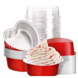 Mini Aluminum Foil Cupcake Cups with Lids (3.4oz) Heart Shaped Cake Pans - Disposable Mini Cupcake Cup Flan Baking Cups for Valentine Mother