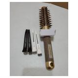 Round Hair Brush, 1 inch Barrel with Boar Bristles, Nano Thermal Ceramic & Ionic Tech, for Blow Drying, Styling, Curling and Shine + 4 Clips (Gold, Unisex, Fine Hair, Short Hair, Anti-Frizz) - Retail: