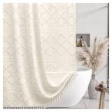 Cream Boho Woven Fabric Shower Curtain, 72 x 72 Tufted Chevron Textured Striped Modern Farmhouse Minimalist Cloth Curtain for Bathroom - Retail: $22