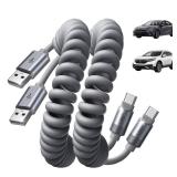 LISEN Coiled USB C Cable, Durable Short USB A to USB C Cable 2 Pack for Android Auto & CarPlay Cable, Short Type C Retractable Car Charger Cord for iPhone 17/16/15 Samsung Galaxy S25/S24 A15, Gray 4FT