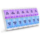 AM PM Weekly 7 Day Pill Organizer, 2 Times A Day Pill Box with Arthritis Friendly Push Button, Medicine Cases for Vitamin/Fish Oil/Supplements, Easy to Clean (Purple&Blue) - Retail: $10