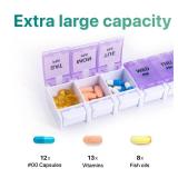 AM PM Weekly 7 Day Pill Organizer, 2 Times A Day Pill Box with Arthritis Friendly Push Button, Medicine Cases for Vitamin/Fish Oil/Supplements, Easy to Clean (Purple&Blue) - Retail: $10