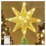 8 Metal 8-Point Star Christmas Tree Topper LED, Glitter Golden Treetop Decorations with 20 Warm White Lights, Battery Powered Decor for Home Holiday Xmas Party Indoor - Retail: $19"