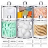 6 Pack Acrylic Qtip Holder Dispenser for Cotton, Swab, Ball, Round Pads, Floss Picks - Clear Plastic Apothecary Jar Set, Bathroom Canister Storage Organization, Vanity Makeup Organizer (missing 1 Lids