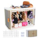 Foldable Doll Wardrobe Storage Box Compatible with Labubu Clothes with 10 Hangers & Rod - Stackable Organizer Cabinet for 15/17cm Doll Clothes with Dust-Resistant Cover and Display Shelf - Retail: $21