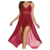 Babydoll Lingerie Set, High Slit Sexy Nightgowns Women, Boudoir Outfits For Photography Wedding Honeymoon Burgundy Small - Retail: $18