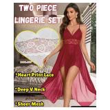 Babydoll Lingerie Set, High Slit Sexy Nightgowns Women, Boudoir Outfits For Photography Wedding Honeymoon Burgundy Small - Retail: $18