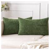 Summer Couch Pillow Covers 12x20 Inch Pack of 2 Lumbar Throw Pillow Covers Decorative Modern Solid Dyed Soft Chenille Pillowcases for Sofa Bed Moss Green(Only Covers) - Retail: $11