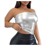Metallic Tube Top for Women - Stretchy Shiny Strapless Elastic Bandeau Bra Crop | Clubwear, Party, Festival, Dancing (US, Alpha, X-Large, Regular, Regular, Silvery) - Retail: $15