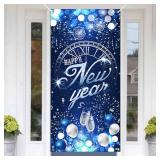 Happy New Year Door Cover, Blue Silver Firework New Year Door Hanging Sign Banner, New Years Eve Party Decorations,2025 New Years Eve Party Supplies, Home NYE Holiday Decorations - Retail: $8