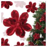 20 Pcs Christmas Velvet Poinsettia Flowers Ornaments 6.3Inch Glitter Artificial Magnolia Flower Christmas Tree Ornament with Stem for Xmas Tree Decorations Wedding Decor Supplies(Burgundy)