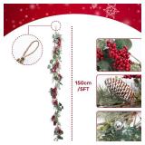 Christmas Garland, Festive 5FT Christmas Garland with Green Pine, Red Berries, and Rustic Pinecones - Perfect for Holiday Decor - Retail: $16