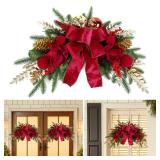 24 Christmas Swag for Front Door Teardrop Decoration with Bows, Xmas Balls, Red Magnolia, Berries, Pine Cone for Indoor Outdoor Swags Wall Window Table Mantel Home Holiday Hanging Decor,1 PCS - Retail
