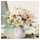 Artificial Flowers with Vase for Table Centerpieces, Fake Silk Gardenia Flower in Vase Decoration for Home Office Party (Pink) - Retail: $27