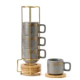 LUKA Porcelain Espresso Cup with Saucer and Metal Stand, 4 Ounce Stackable Ceramic Demitasse Espresso Mugs Cups Set for Latte, Specialty Coffee Drinks, Cafe Mocha, Tea - Set of 4, Gray - Retail: $34