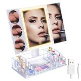 Trifold Makeup Mirror with Lights and Magnification 3X, 5X, 10X, Clear Cosmetic Storage Organizer, 3 Way Lighted Vanity Mirror, 3 Color Changing Dimming Touch Tabletop Mirror