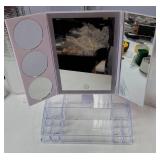 Trifold Makeup Mirror with Lights and Magnification 3X, 5X, 10X, Clear Cosmetic Storage Organizer, 3 Way Lighted Vanity Mirror, 3 Color Changing Dimming Touch Tabletop Mirror