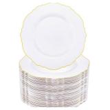 WDF 60pcs Gold Plastic Dinner Plates -10.25inch Baroque White and Gold Plates Fancy Plastic Plates for Upscale Bridal Shower & Wedding & Birthday - Retail: $40