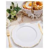 WDF 60pcs Gold Plastic Dinner Plates -10.25inch Baroque White and Gold Plates Fancy Plastic Plates for Upscale Bridal Shower & Wedding & Birthday - Retail: $40