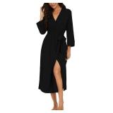 Women Kimono Robes Long Knit Bathrobe Lightweight Soft Knit Sleepwear V-neck Casual Ladies Loungewear Black-Large - Retail: $20